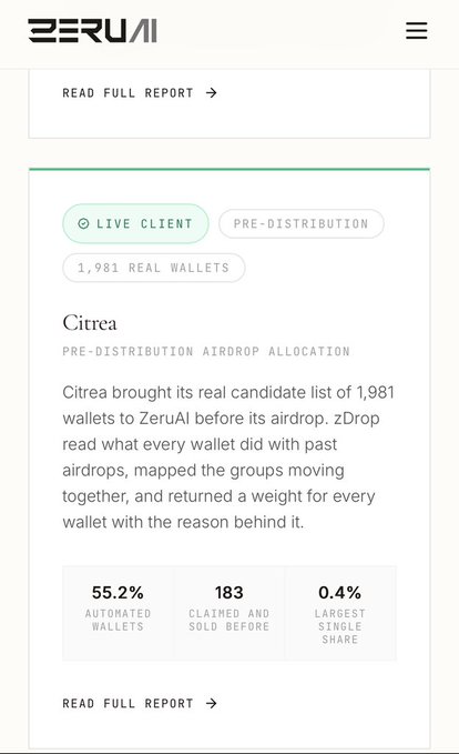 ZeruAI website showcasing a live client called Citrea with 1,981 real wallets for pre-distribution airdrop allocation, featuring metrics like 55.2% automated wallets and 183 claimed and sold before.