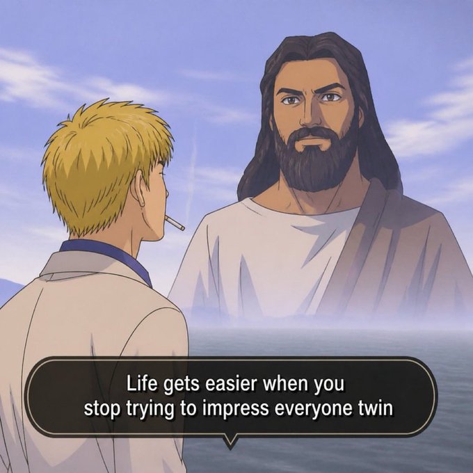 A blond anime character with a cigarette faces a giant depiction of Jesus on water, with a speech bubble reading "Life gets easier when you stop trying to impress everyone twin," fitting the meme's "Grand rising chads" theme by humorously delivering an irreverent self-help message from Christ.