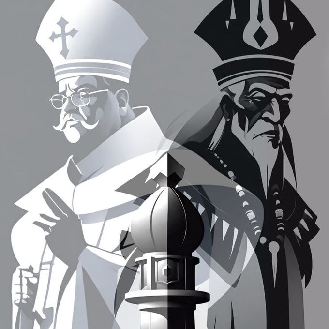 A black and white digital illustration of two religious figures, one resembling a Pope with a cross-adorned mitre and the other appearing as a darker, more sinister counterpart with a spade symbol on his hat.