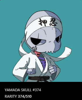 A cartoon illustration of a skull-headed character in a white coat and headband with Chinese characters, labeled YAMADA SKULL #374 with a rarity of 374/510.