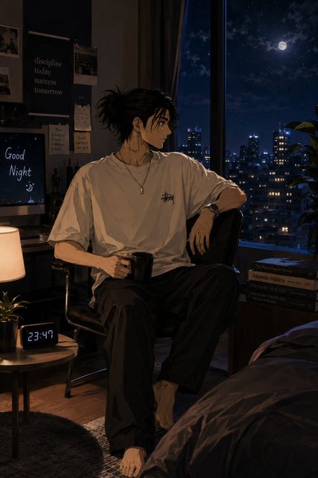 An anime-style illustration of a young man with a messy ponytail sitting in a chair by a window at night, holding a mug with a digital clock showing 23:47 and a 'Good Night' sign visible in the background.