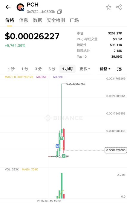 A Binance cryptocurrency price chart for token 'PCH' showing a price of $0.00026227, a 24-hour increase of +9,761.39%, market cap of $262.27K, and a candlestick chart displaying a dramatic price spike.