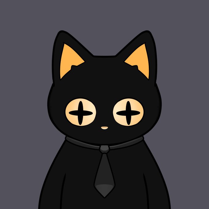 A digital illustration depicts a black cat with large glowing yellow eyes, orange inner ears, and a black tie against a gray background.