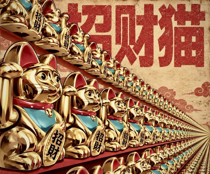 Rows of golden Maneki-neko (lucky cat) figurines with "招财" (inviting wealth) inscriptions line shelves, set against a background with large red characters "招财猫" (Lucky Cat).