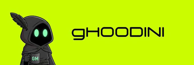 A cartoon hooded figure with glowing green eyes and a quill feather holds an "GM" mug beside the bold black "gHOODINI" logo on a bright green background, branding the NFT collection linked in the post.