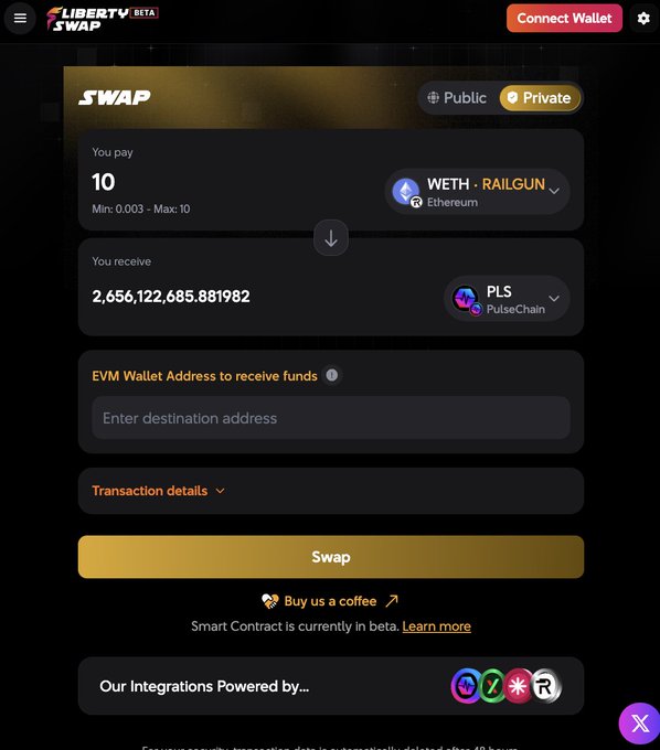 A screenshot of the LibertySwap BETA platform showing a swap interface converting 10 WETH (RAILGUN) on Ethereum to 2,656,122,685.881982 PLS on PulseChain, with a 'Connect Wallet' button and 'Buy us a coffee' link.