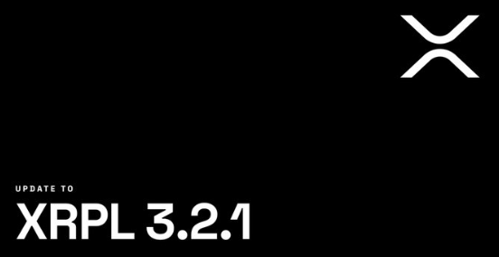 A black background with a white "X" logo in the top right corner displays the text "UPDATE TO XRPL 3.2.1" in the bottom left, visually promoting the rippled code base update referenced in the post.