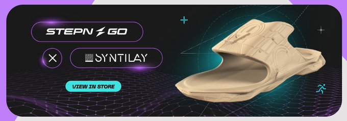 The image features a gray background with a purple border, displaying an advertisement for a shoe store called "Stepn Go". The main focus of the ad is a pair of sandals or slippers, which are shown in various positions on the page. There's also text that reads "Syntilay" and "Store", indicating that the shoes might be made by the company "Syntilay".