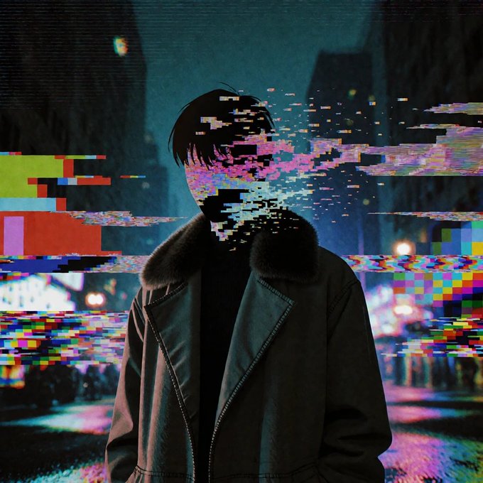A person in a dark coat with a fur collar stands in a moody, neon-lit cityscape, while their face and part of the background are obscured by colorful, glitchy digital distortion.