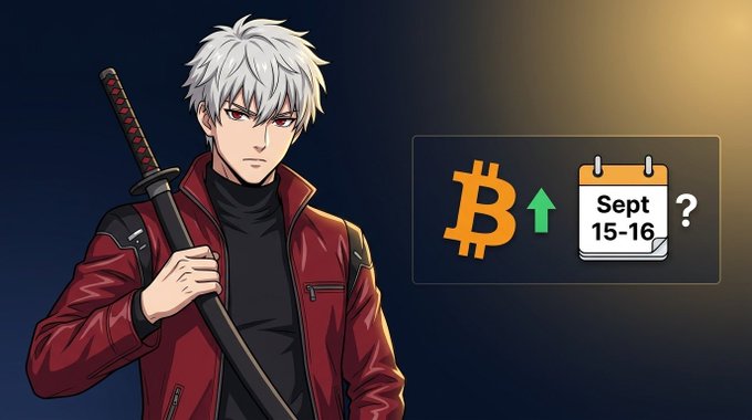 Anime-style character with white hair in a red jacket holding a sword, shown alongside a Bitcoin price chart with a green up arrow and a calendar marked 'Sept 15-16 ?'.