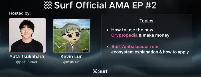 A promotional banner for 'Surf Official AMA EP #2' hosted by Yuta Tsukahara (@yuta1922521) and Kevin Lur (@kevin_lur), listing topics including 'How to use the new Cryptopedia & make money' and the 'Surf Ambassador role ecosystem explanation & how to apply'.