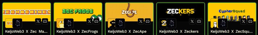 A row of five yellow and black partnership cards featuring NFT collections (ZecDojima, ZecFrogs, ZecApe, Zeckers, CypherSquad) all branded as 'KeijoWeb3 X Zec' collaborations.