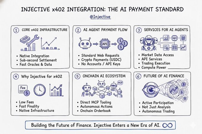 A blue and white poster titled "Injective 4002 Integration : The At Payment Standard" describes a new type of internet payment called x402 integration, which allows AI agents and apps to pay for services instantly through web requests. The poster also mentions that @injective is developing this technology.