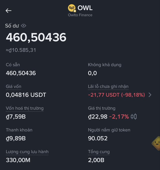 A cryptocurrency wallet app screen for OWL (Owito Finance) showing a balance of 460.50436, approximately đ10,585.31, with a cost of 0.04816 USDT.