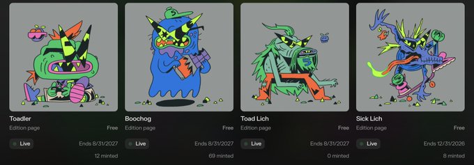 Four digital collectible cards featuring colorful monster characters labeled Toadler, Boochog, Toad Lich, and Sick Lich, each marked as Live and Free with end dates and mint counts.