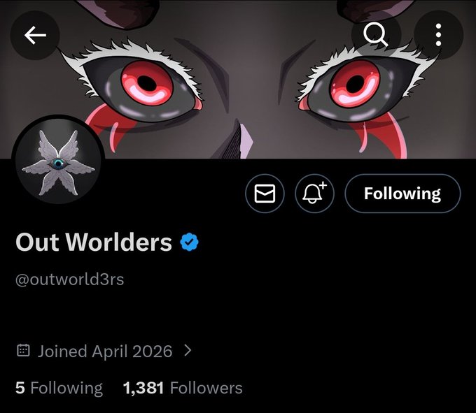 The image shows a Twitter post with a black background, featuring a cartoon-like depiction of a character's face with red eyes. The post includes text that reads "Out Worlders" and "Follow @outworld3rs", indicating that the account is related to an Out Worlders page or follows an Out Worlders account. There are also numbers in the image, which could be related to the number of followers or engagement on the post.