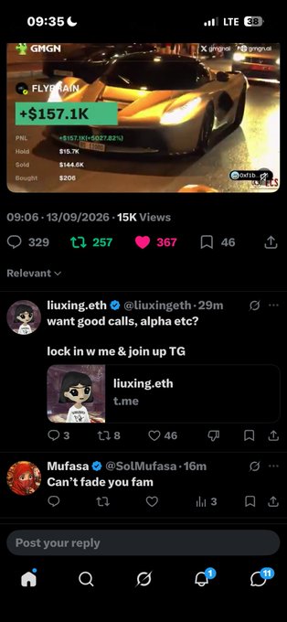 A mobile screenshot of a social media feed displaying a post about the $FLYRAIN token (formerly $GMGN) showing a +$157.1K PNL on a Lamborghini trade, with comments from users including @liuxing.eth advertising alpha calls on Telegram.