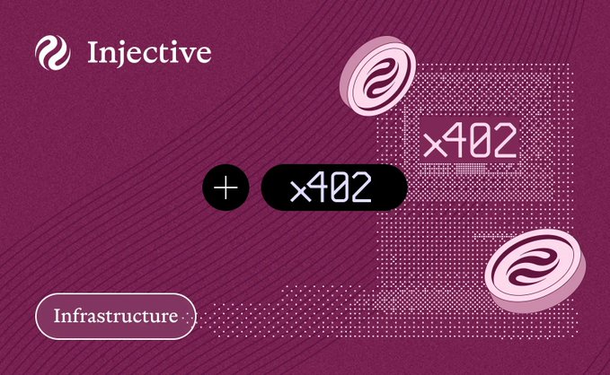 The image shows a purple card with white text and dots arranged in a grid-like pattern. The text reads "Injective just launched x402 payment standard" and "Infrastructure...", while the dots indicate the design of an x402 payment standard for Bitcoin (Bitcoin address). The post discusses how this new payment standard can be used by software agents to pay without requiring human input, such as API keys or monthly subscriptions. This eliminates the need for centralized credit card processing systems that always rely on humans for setup and maintenance.