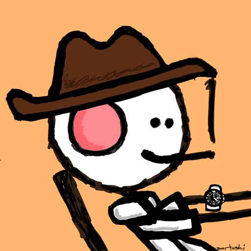 A crude MS Paint-style drawing of a white character wearing a brown cowboy hat and a pink monocle, holding a gun.