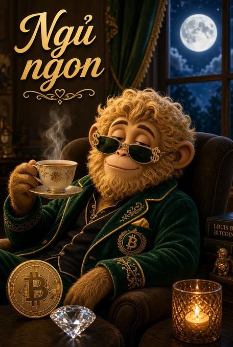 An AI-generated illustration of a fashionable, golden-furred monkey wearing sunglasses and a green robe, holding a teacup, with the text "Ngủ ngon" displayed in the upper left corner amidst Bitcoin and diamond imagery.