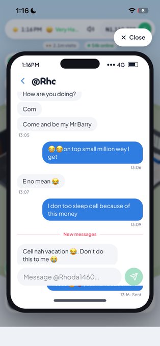 A screenshot of a smartphone displays a text message conversation with the contact "@Rhc" between 1:05 PM and 1:16 PM, featuring various messages and emojis.