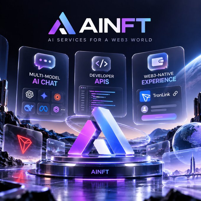 The image is a promotional graphic for **AINFT** featuring the tagline "AI Services for a Web3 World," showcasing three key features: **Multi-Model AI Chat** (with logos of various AI models), **Developer APIs** (illustrated with code), and a **Web3-Native Experience** (featuring the TronLink wallet logo). It visually reinforces the post's message by depicting AINFT's AI infrastructure bridging advanced AI models with the TRON ecosystem through accessible chat interfaces and developer tools.