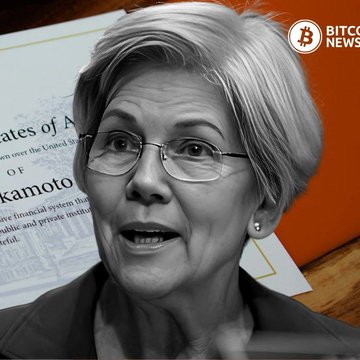 A black and white photo of a woman with glasses speaking, with a partially visible document reading 'kamoto' and a 'BITCOIN NEWS' logo in the corner.