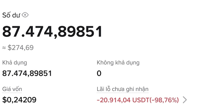 A Binance or crypto exchange account screenshot showing a balance of 87.47489851 (approximately $274.69), with an unrealized loss (Lãi lỗ chưa ghi nhận) of -20,914.04 USDT (-98.76%) in red text.