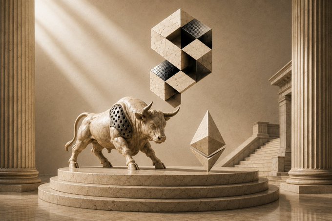 AI-generated artwork featuring a bull statue alongside 3D Bitcoin and Ethereum symbols on a classical stone pedestal.