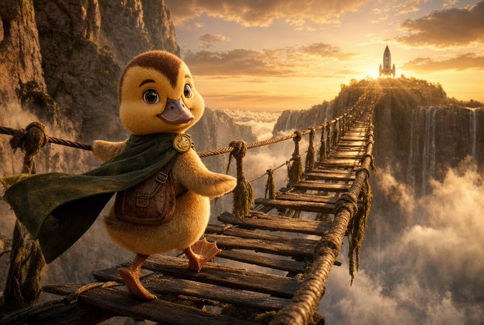 A digital rendering of an anthropomorphic duckling wearing a green cape and satchel, walking across a rope bridge toward a distant tower at sunset.