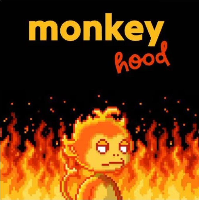A pixel art image showing a fiery orange monkey character surrounded by flames against a black background, with the text 'monkey' in yellow and 'hood' in red stylized script.
