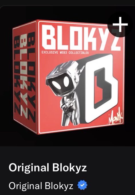 Promotional image for 'Original Blokyz', described as 'Exclusive Web3 Collectibles,' featuring a silver robotic character on a red box design with 'Mank' signature.
