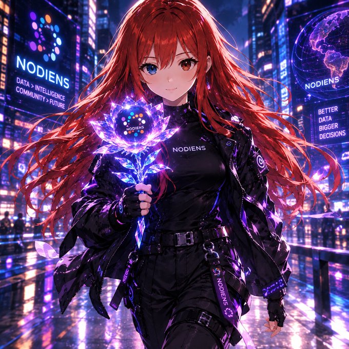 An anime-style illustration of a red-haired woman in a black futuristic outfit holding a glowing purple flower, with "NODIENS" branding and text "DATA > INTELLIGENCE, COMMUNITY > FUTURE" and "BETTER DATA, BIGGER DECISIONS."