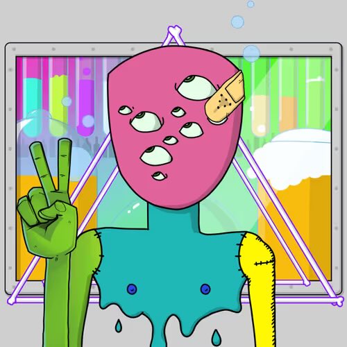 A surreal cartoon illustration shows a figure with a teal torso, green arm making a peace sign, and yellow stitched arm, topped with a pink head featuring multiple eyes and a bandage.