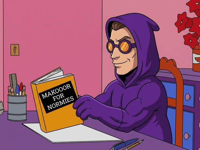 A cartoon illustration of a smirking character in a purple hoodie and orange goggles reading a yellow book titled 'MAKOOOR FOR NORMIES' at a desk.