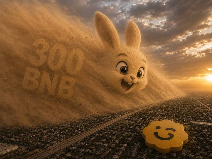 A giant fluffy animated bunny emerges from a massive dust cloud over a sprawling cityscape at sunset, with "300 BNB" prominently stamped into the dust and a smiling cookie emoji mascot rising in the foreground, visually celebrating the record-breaking donation milestone highlighted in the post about Max being Giggle's beloved mascot on Flap.