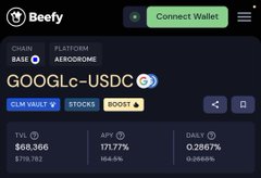 A mobile app screenshot shows Beefy finance with a 'GOOGLE-USDC' vault on the Aerodrome platform, displaying a TVL of $68.36K, APY of 711.77%, and Daily APR of 0.2867%.