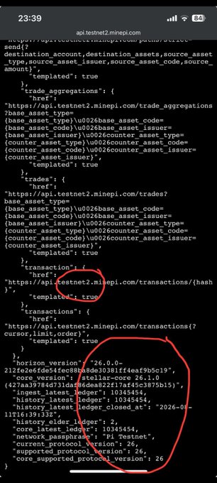 A mobile phone screenshot shows JSON-formatted API response data from api.testnet2.miniepi.com, with a section circled in red highlighting the 'horizon_version' and 'core_supported_protocol_version' as '26.0.0'.