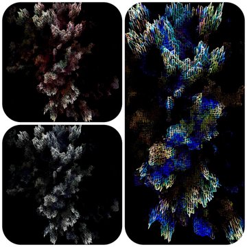Three abstract digital compositions featuring crystalline, pixelated clusters against black backgrounds in varying color palettes of red, blue/green, and grayscale.
