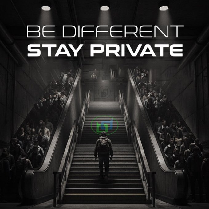 A motivational graphic shows a lone figure on stairs flanked by escalators with crowds, with a WiFi-style icon above them and the text 'BE DIFFERENT STAY PRIVATE' prominently displayed.