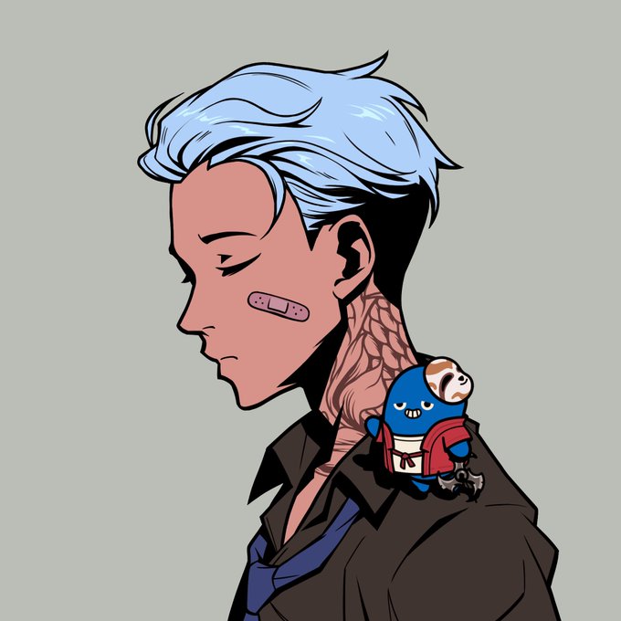 A stylized illustration shows a character in profile with blue and black hair, wearing a bandage, with a small blue creature wearing a red jacket and straw hat perched on their shoulder.