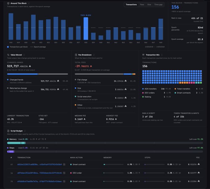 A blockchain analytics dashboard titled 'Around This Block' displaying transaction metrics, with 156 transactions, value moved of 519,717.486136, total fees of 29.788372, and breakdown charts including ADA transfers, DEX orders, and staking.