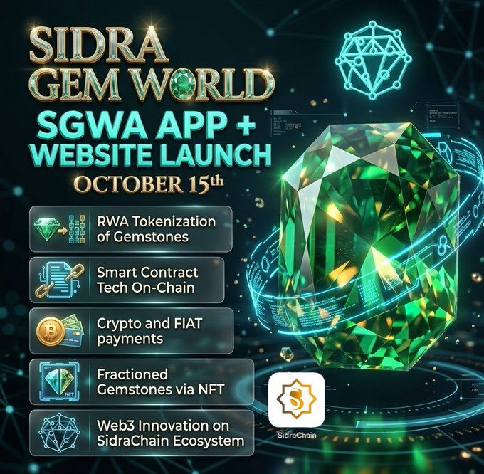 A promotional graphic for 'SIDRA GEM WORLD' announces the 'SGWA APP + WEBSITE LAUNCH' on 'OCTOBER 15th', featuring a large emerald and listing features like RWA Tokenization, Smart Contract Tech, and Web3 Innovation.