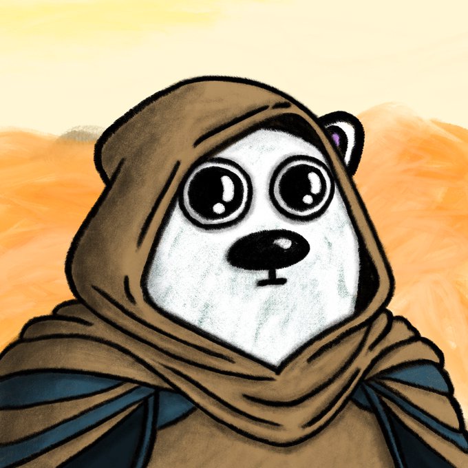 A cartoon illustration shows a cute white bear-like character with large expressive eyes wearing a brown hooded cloak, set against a warm orange desert landscape background.
