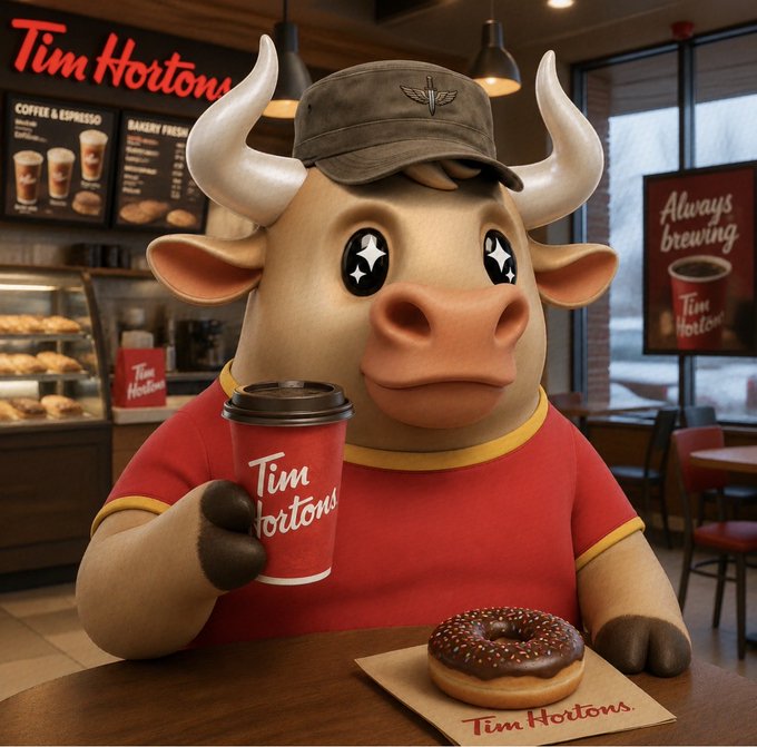 A 3D-rendered Tim Hortons mascot character—a bull wearing a red shirt and a branded cap—holding a red Tim Hortons coffee cup with a chocolate donut on the table in front of him.