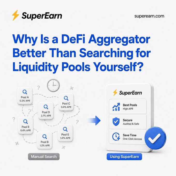 A promotional graphic from SuperEarn asks 'Why Is a DeFi Aggregator Better Than Searching for Liquidity Pools Yourself?' comparing 'Manual Search' across multiple pools to the streamlined 'Using SuperEarn' platform.