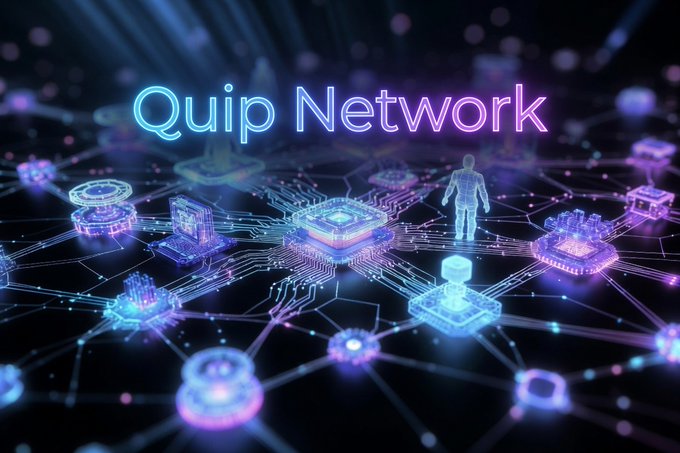 A futuristic, neon-colored digital graphic displays the text 'Quip Network' above a glowing network of interconnected nodes featuring 3D icons of a laptop, user, and lock.