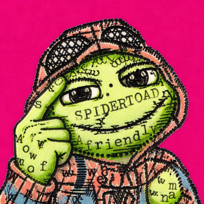 A vibrant pink and green digital art illustration featuring a Pepe-style frog character in a hoodie, with the text 'SPIDERTOAD' and 'A friend' visible on its face and hand.
