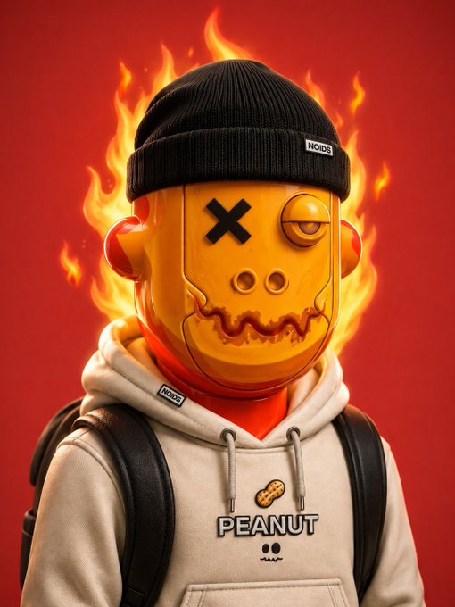 A 3D-rendered character wearing a yellow mask with X eyes and a sinister grin, a black beanie with 'NOIDS' text, and a cream hoodie with a peanut logo and 'PEANUT' text, set against a red background with flames.