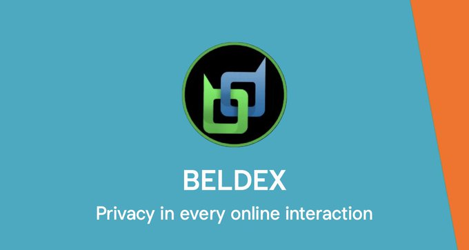 The image shows the Beldex logo—a circular emblem with interlinked green and blue shapes on a black background—alongside the text "BELDEX" and the tagline "Privacy in every online interaction," set against a teal backdrop with an orange accent stripe. The visual reinforces the post's message by framing Beldex as a privacy-focused project where confidentiality is built into the foundation rather than treated as an optional feature.